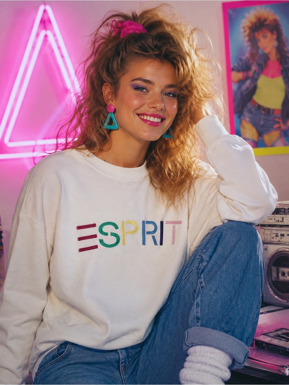 Esprit Retro 80s Cream Embroidered Rainbow Logo Viral Crewneck Sweatshirt XL NWT